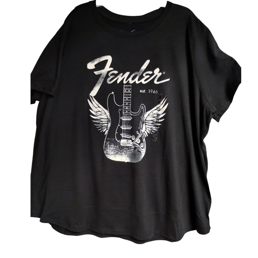 Fender Womens Plus Size 2X Graphic Tee Black Winged Guitar Rock Music Shirt NEW